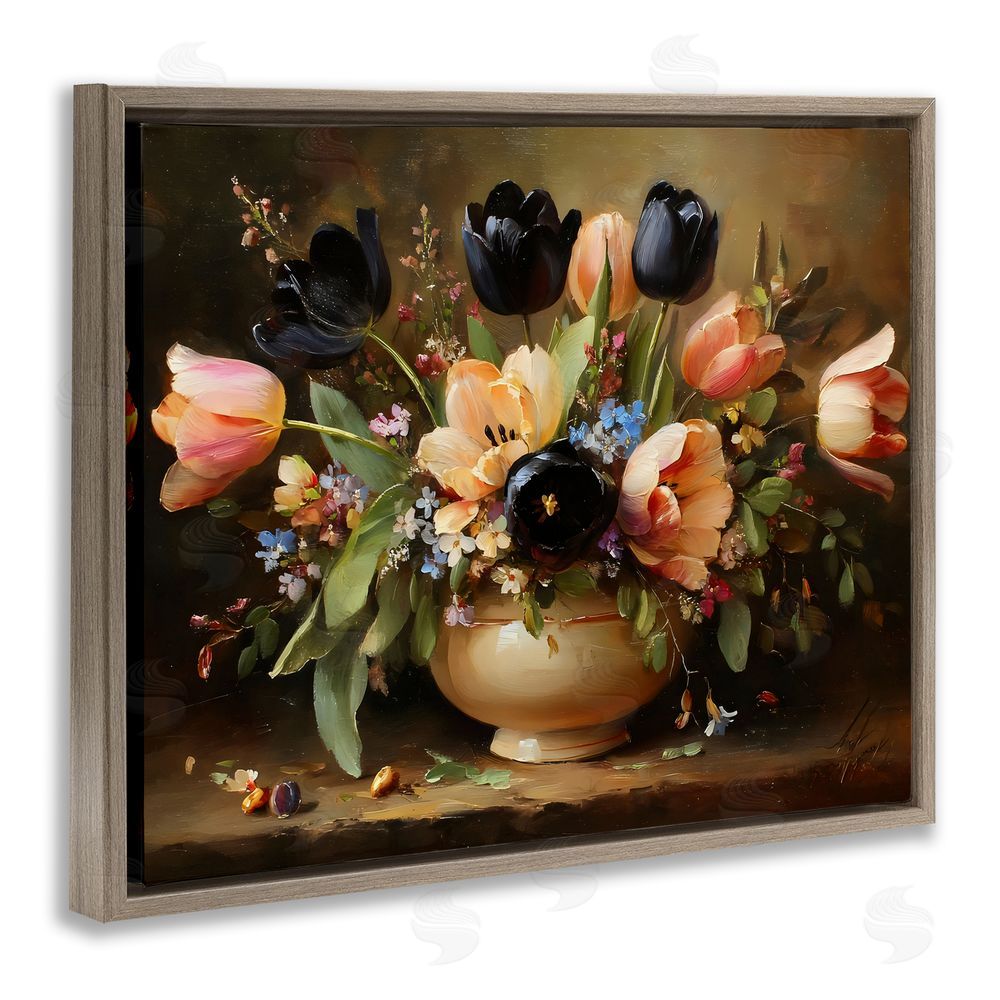Franklyn Gregory Black Tulips & Peach Bouquet Brown Floating Frame Stretched Canvas Wall Art Print