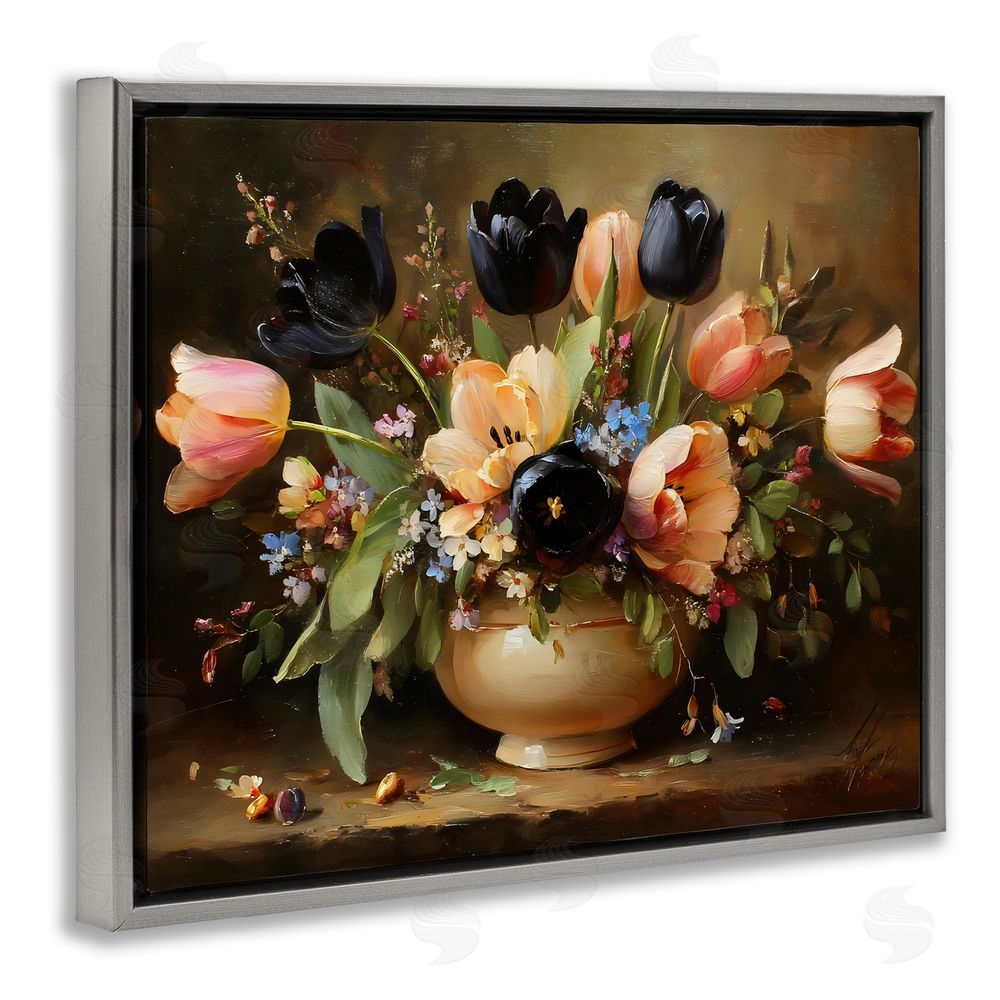 Franklyn Gregory Black Tulips & Peach Bouquet Gray Floating Frame Stretched Canvas Wall Art Print