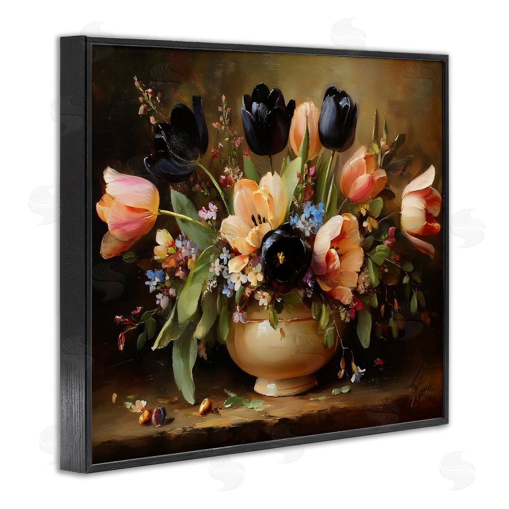 Franklyn Gregory Black Tulips & Peach Bouquet Black Framed Giclee Wall Art Print