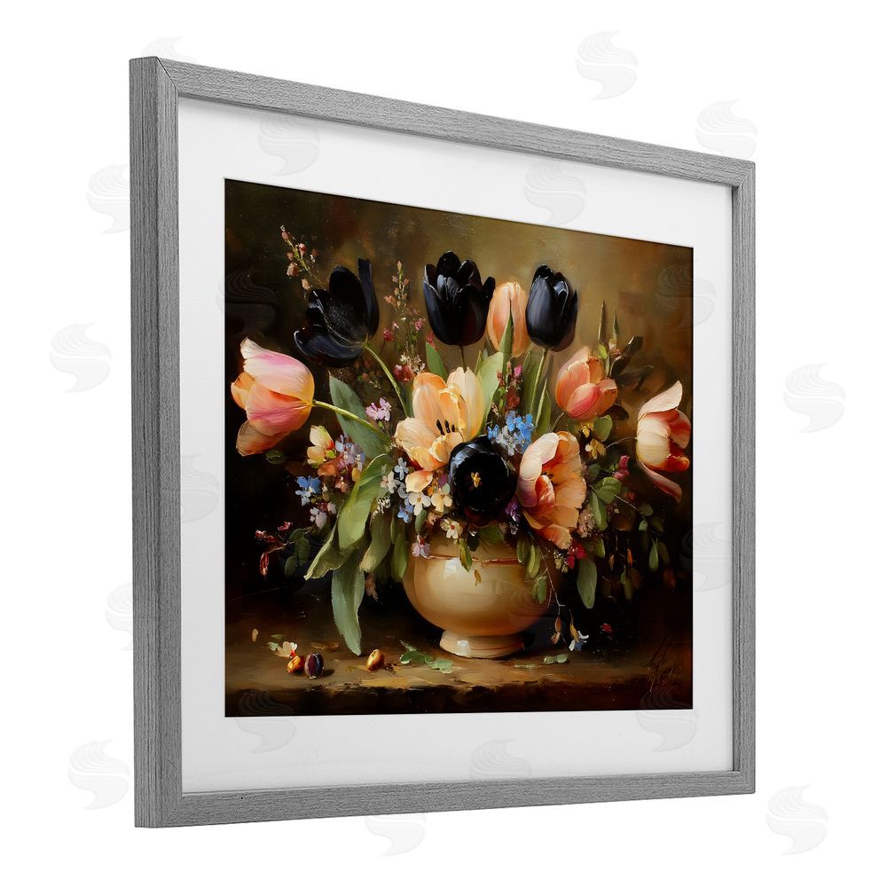 Franklyn Gregory Black Tulips & Peach Bouquet Gray Framed Print Under Glass with Matting Wall Art