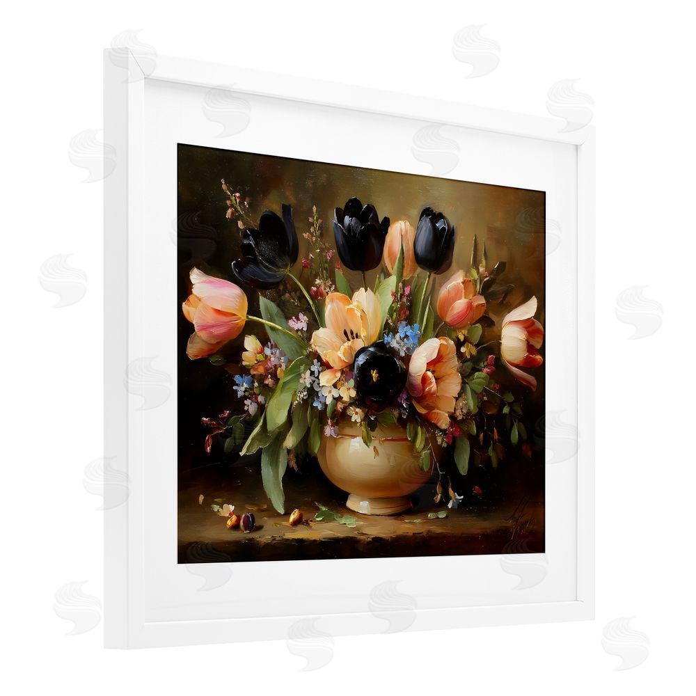 Franklyn Gregory Black Tulips & Peach Bouquet White Framed Print Under Glass with Matting Wall Art