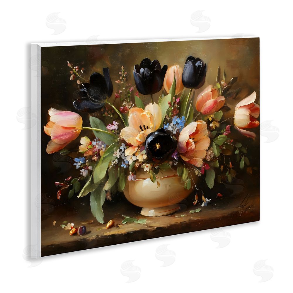 Franklyn Gregory Black Tulips & Peach Bouquet Wall Plaque Art Print with White Foil Wrap