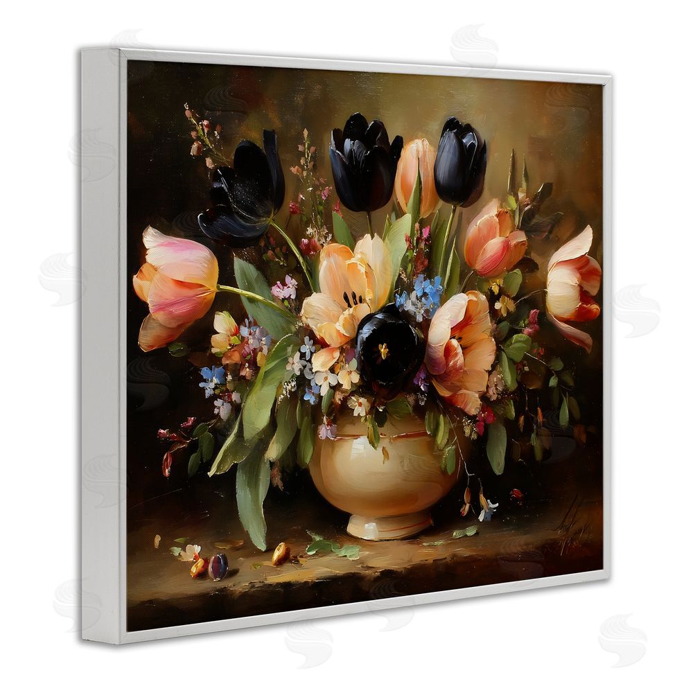 Franklyn Gregory Black Tulips & Peach Bouquet White Framed Giclee Wall Art Print
