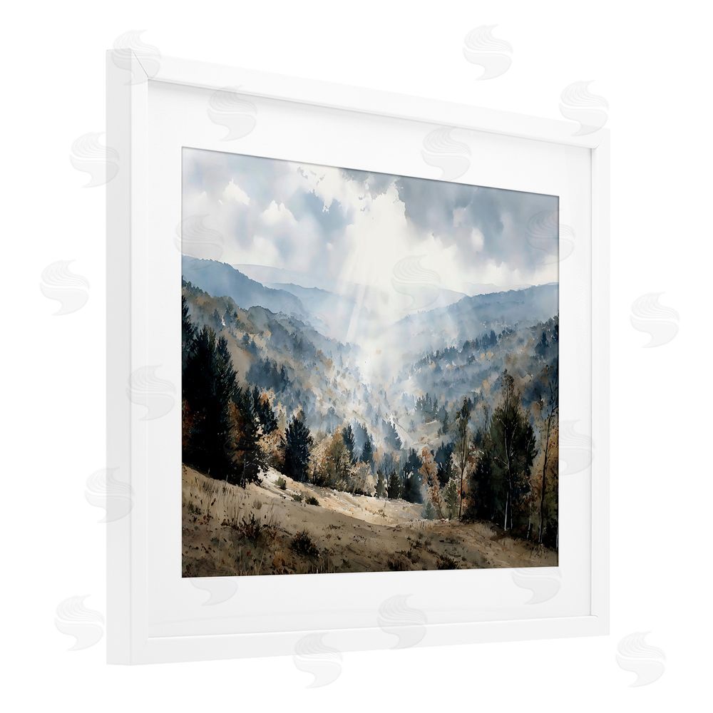 Franklyn Gregory Sunlit Fall Valley Beams White Framed Print Under Glass with White Mat Wall Art