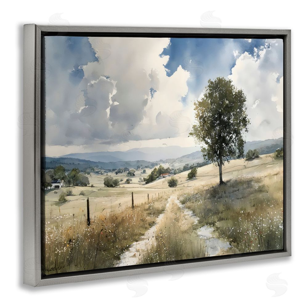 Franklyn Gregory Wagon Road Through Meadow Gray Floating Framed Canvas Wall Art Print