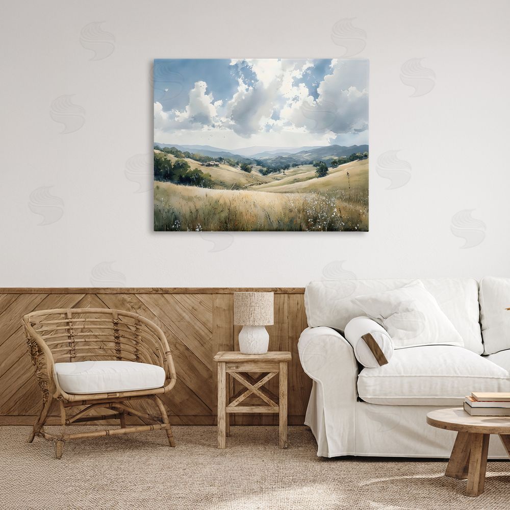 Franklyn Gregory Distant Hill House in Meadow Stretched Canvas Wall Art in Room