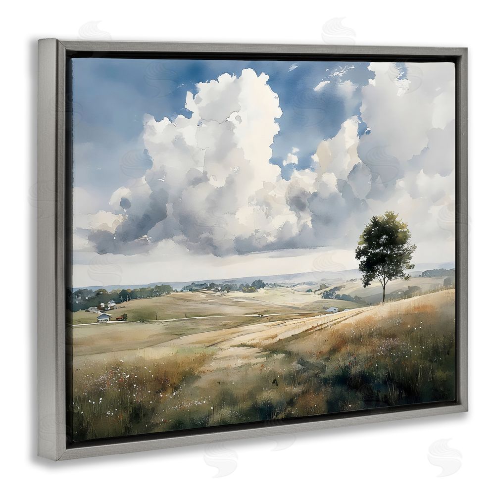 Franklyn Gregory Pretty Hills with Solitary Tree Gray Floating Framed Canvas Wall Art