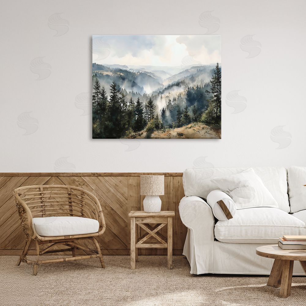 Franklyn Gregory Misty Tree Tops Vista Stretched Canvas Wall Art in Room