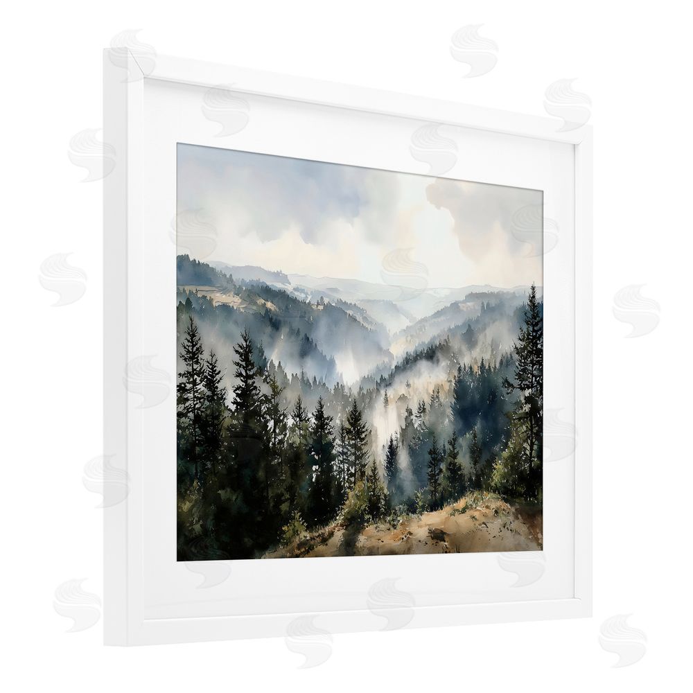 Franklyn Gregory Misty Tree Tops Vista White Framed Print Under Glass Wall Art