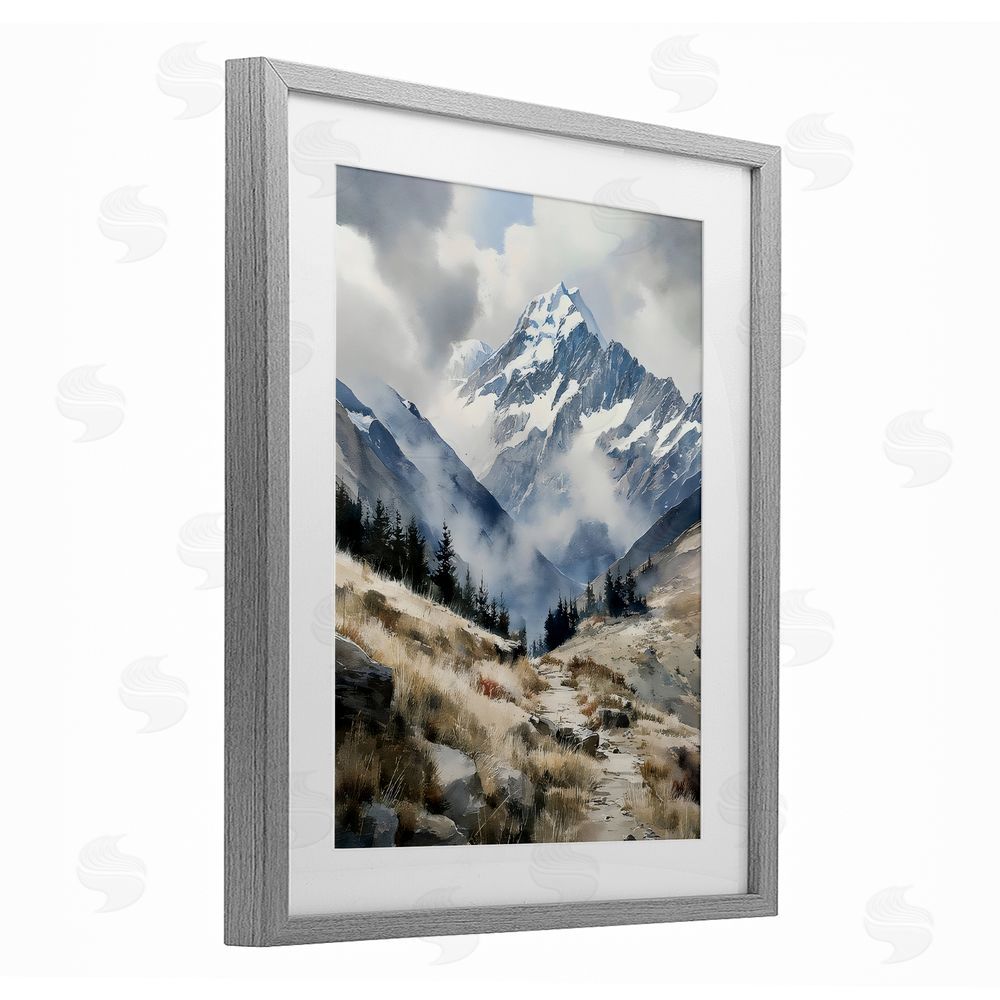 Franklyn Gregory Snow Caps Mountain Peaks Gray Framed Print Under Glass with White Mat Wall Art