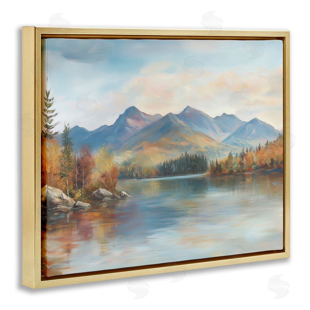 LSR Design Studio Rustic Lake Landscape in Fall Gold Floating Framed Canvas Wall Art Print
