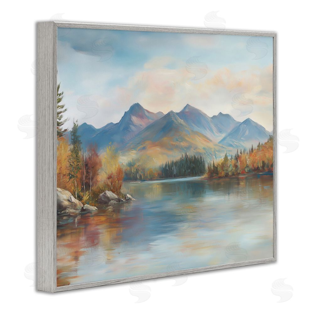 LSR Design Studio Rustic Lake Landscape in Fall Gray Framed Giclee Wall Art Print