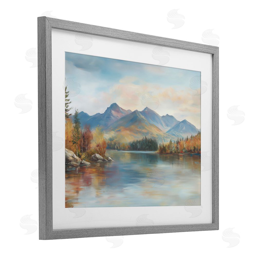 LSR Design Studio Rustic Lake Landscape in Fall Gray Framed Print Under Glass with White Mat Wall Art