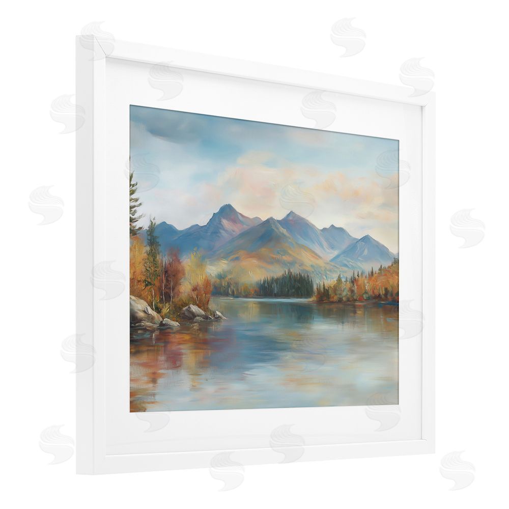 LSR Design Studio Rustic Lake Landscape in Fall White Framed Print Under Glass with White Mat Wall Art