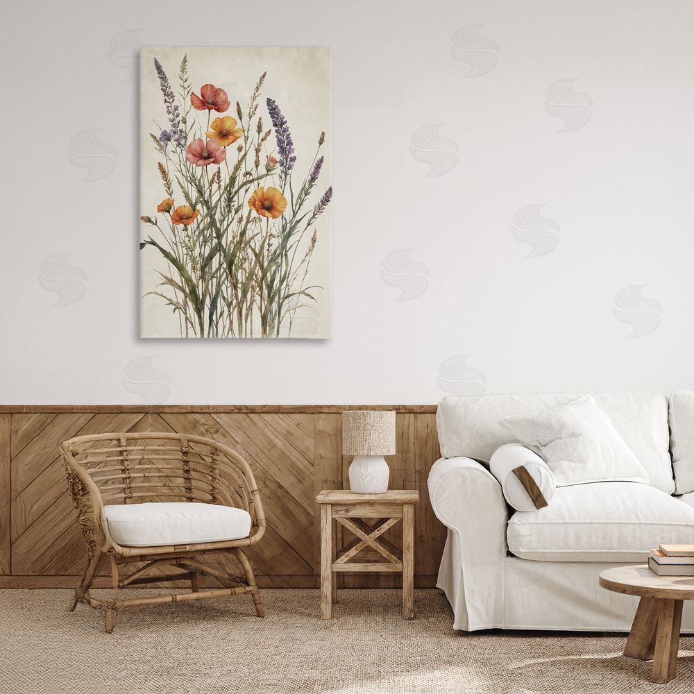 Nataly White Vintage Collection of Meadow Botanicals Stretched Canvas on Wall