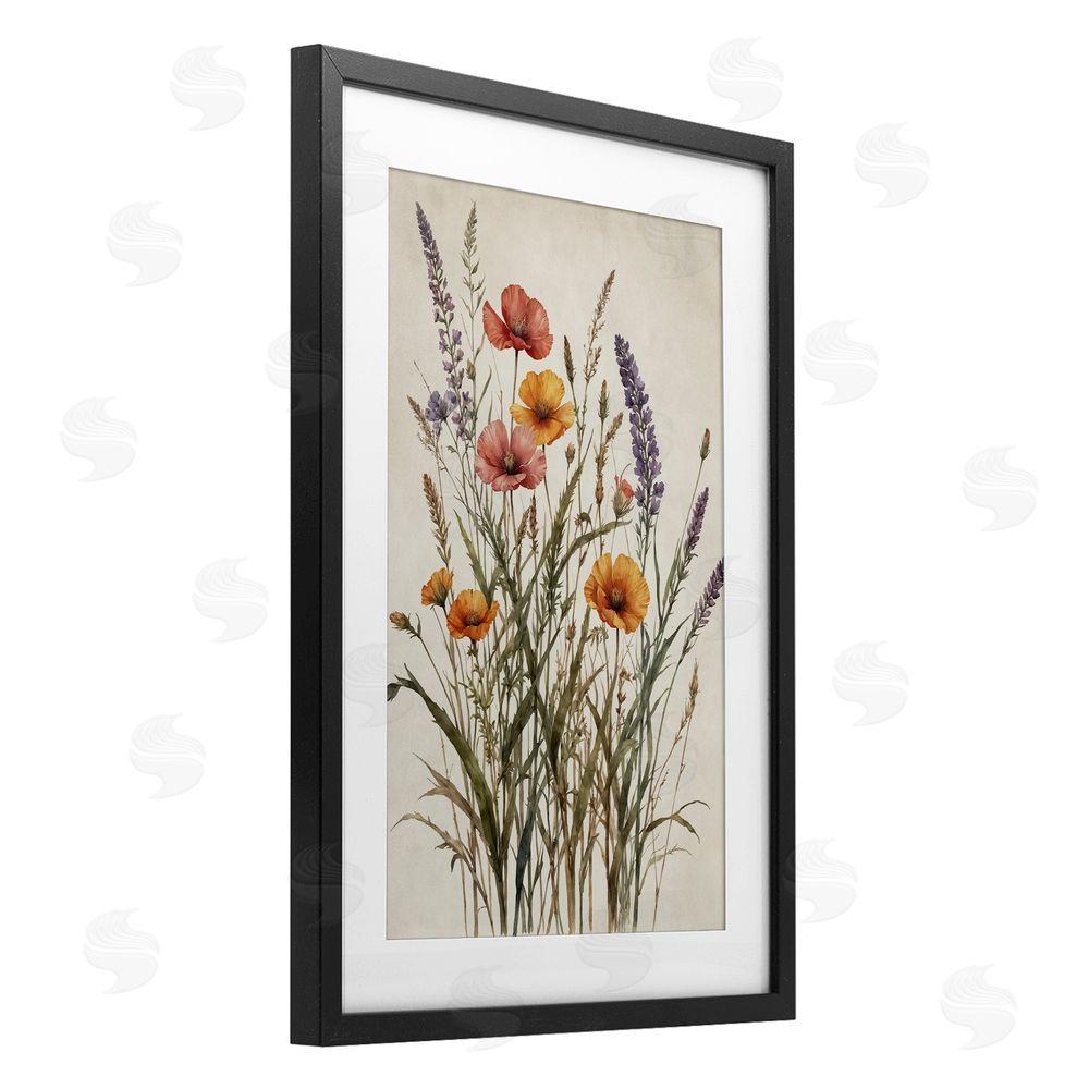 Nataly White Vintage Collection of Meadow Botanicals Black Framed Print Under Glass with White Mat Wall Art