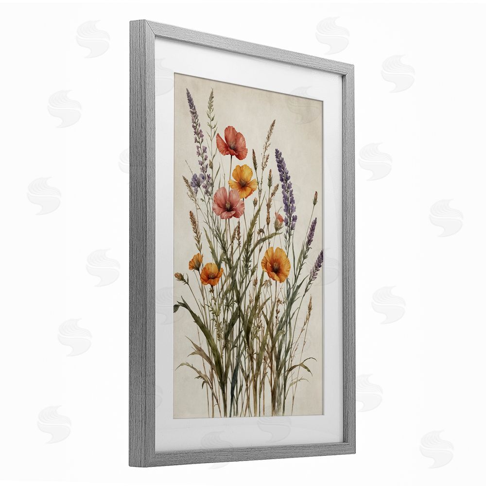 Nataly White Vintage Collection of Meadow Botanicals Gray Framed Print Under Glass with White Mat Wall Art
