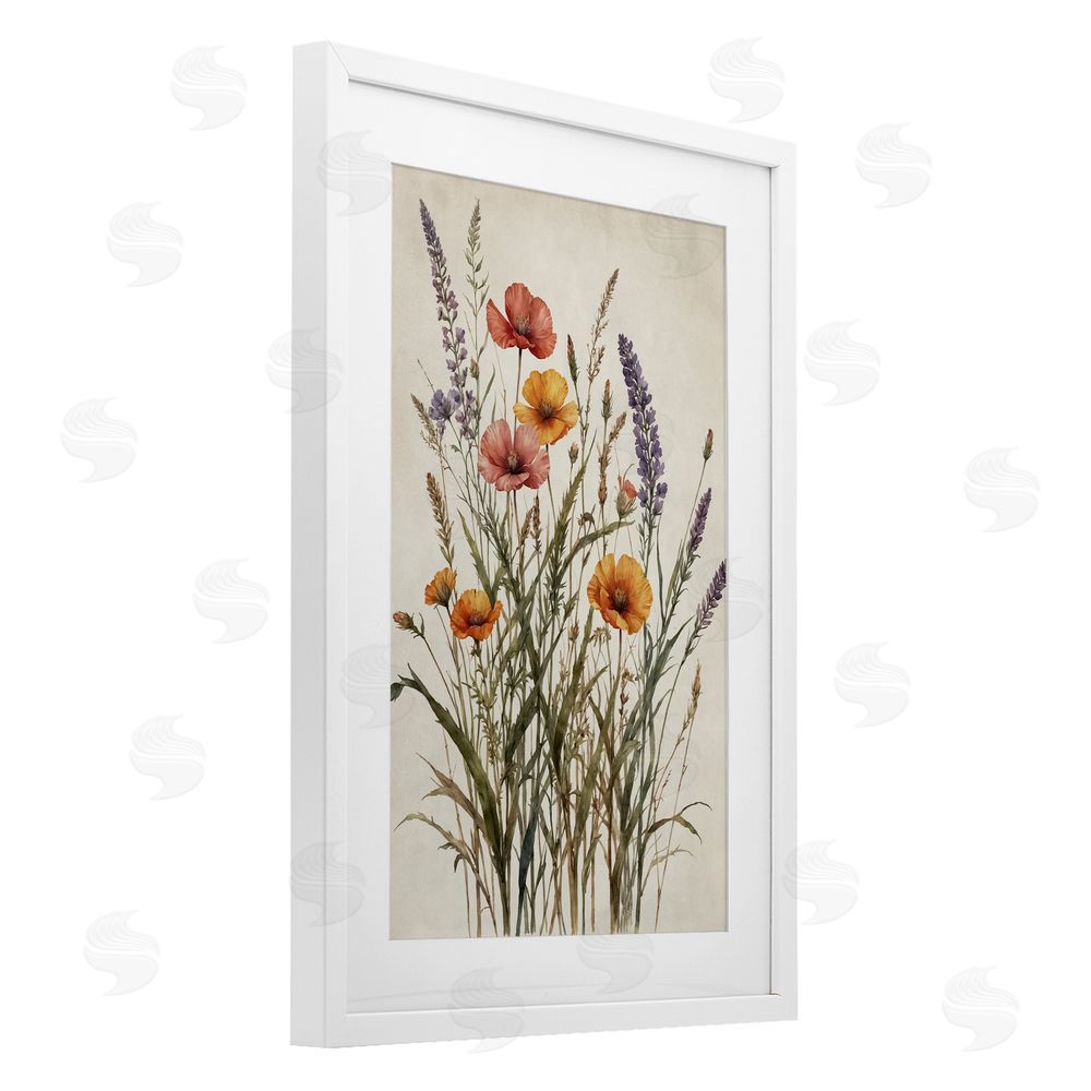 Nataly White Vintage Collection of Meadow Botanicals White Framed Print Under Glass with White Mat Wall Art