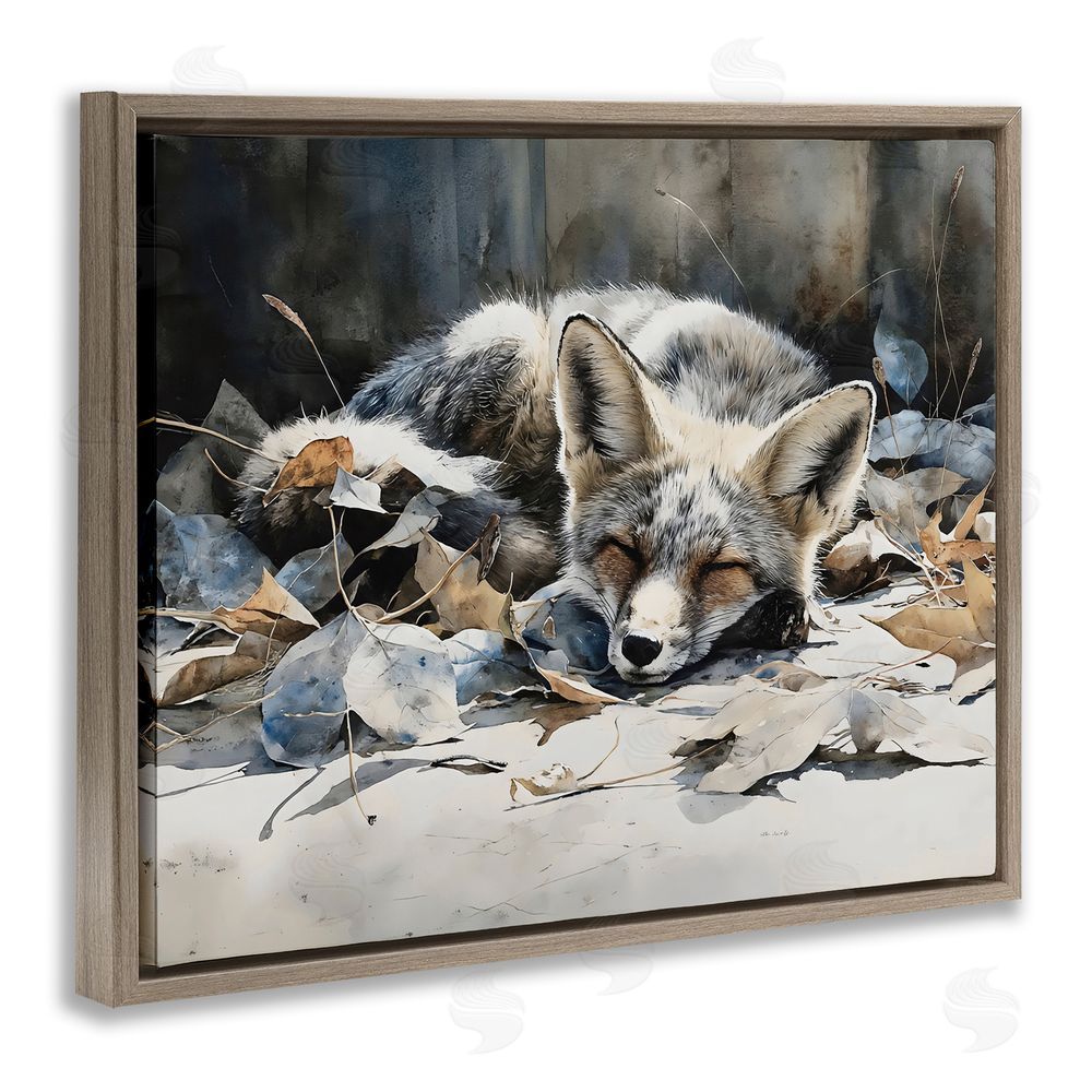 Franklyn Gregory Blue Fox Resting Among Leaves Brown Floating Frame Stretched Canvas Wall Art Print