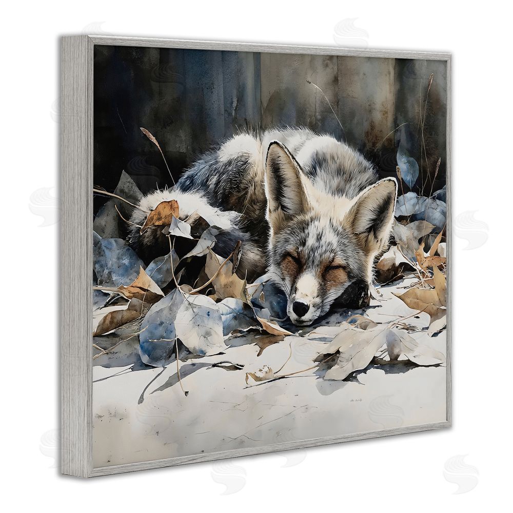Franklyn Gregory Blue Fox Resting Among Leaves Gray Framed Giclee Wall Art Print