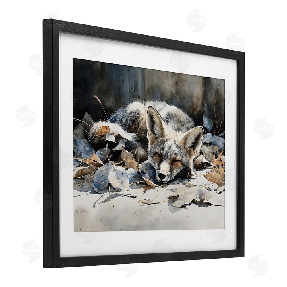 Franklyn Gregory Blue Fox Resting Among Leaves Black Framed Print Under Glass with Matting Wall Art