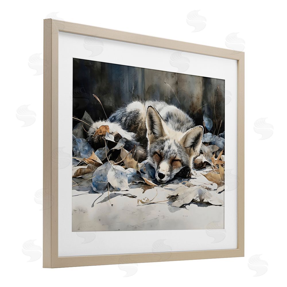 Franklyn Gregory Blue Fox Resting Among Leaves Brown Framed Print Under Glass with Matting Wall Art