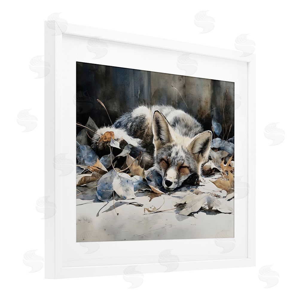 Franklyn Gregory Blue Fox Resting Among Leaves White Framed Print Under Glass with Matting Wall Art
