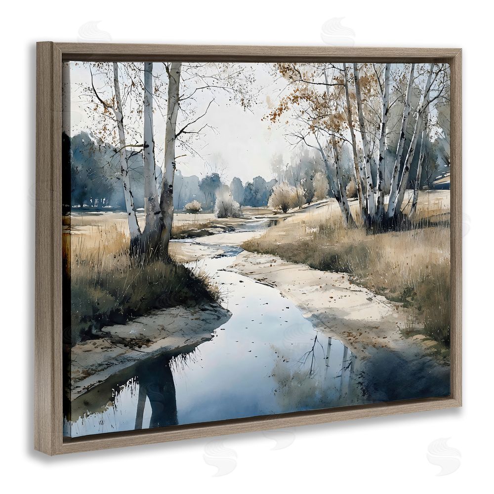 Franklyn Gregory Birch Tree Creek in Autumn Brown Floating Frame Stretched Canvas Wall Art Print