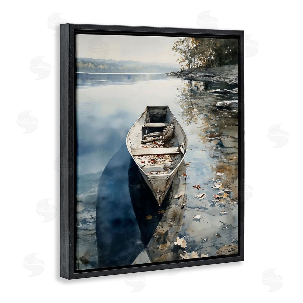 Franklyn Gregory Boat In The Fall Reflection Black Floating Frame Stretched Canvas Wall Art Print