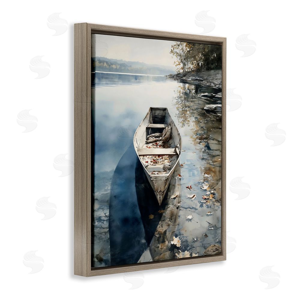 Franklyn Gregory Boat In The Fall Reflection Brown Floating Frame Stretched Canvas Wall Art Print