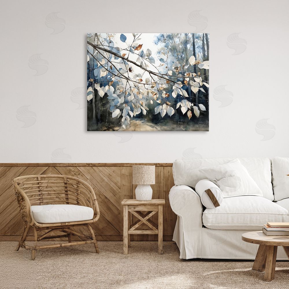 Franklyn Gregory Blue Fall Branch Leaves Stretched Canvas Wall Art Print in Room