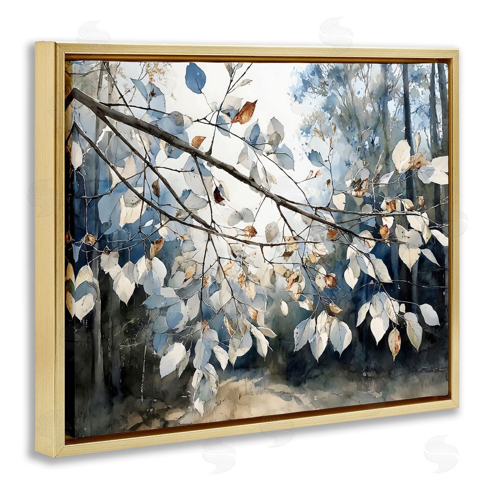 Franklyn Gregory Blue Fall Branch Leaves Gold Floating Frame Stretched Canvas Wall Art Print