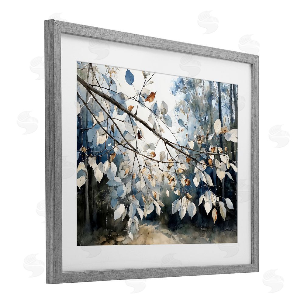 Franklyn Gregory Blue Fall Branch Leaves Gray Framed Print Under Glass with Matting Wall Art