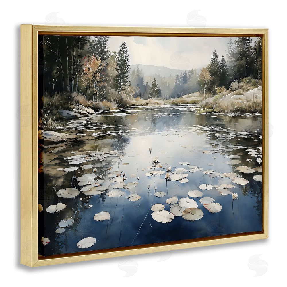Franklyn Gregory Still Pond with Morning Reflections Gold Floating Framed Canvas Wall Art Print