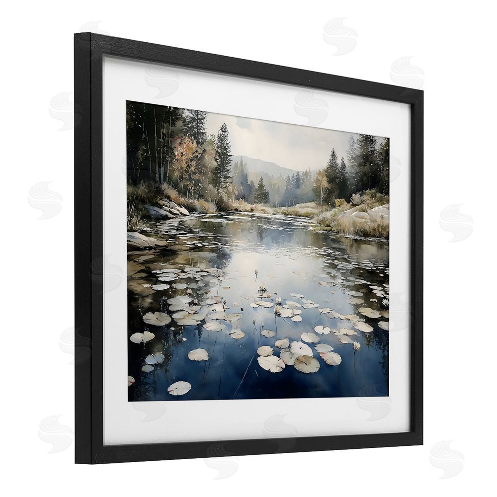 Franklyn Gregory Still Pond with Morning Reflections Black Framed Print Under Glass with White Mat Wall Art