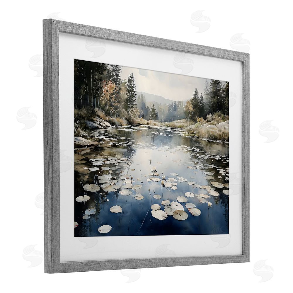 Franklyn Gregory Still Pond with Morning Reflections Gray Framed Print Under Glass with White Mat Wall Art