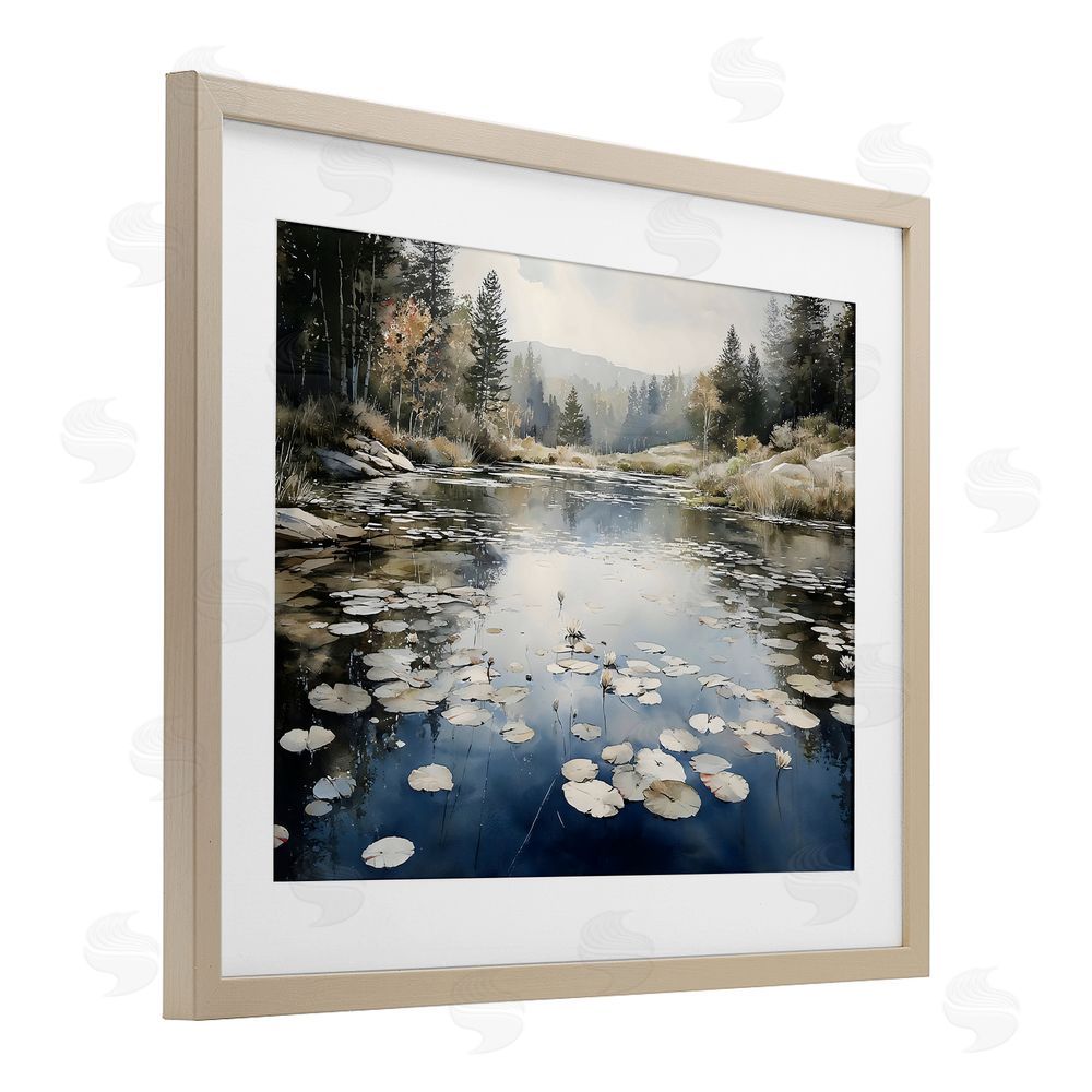 Franklyn Gregory Still Pond with Morning Reflections Brown Framed Print Under Glass with White Mat Wall Art