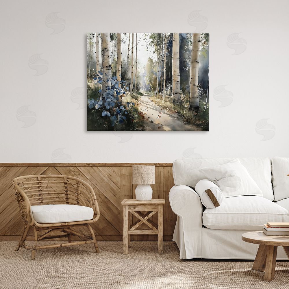 Franklyn Gregory Blue Birch Sunlit Forest Stretched Canvas Wall Art Print in Room
