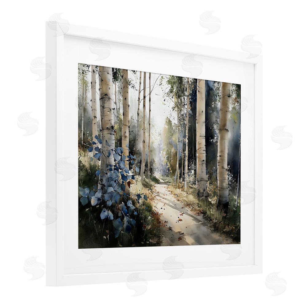 Franklyn Gregory Blue Birch Sunlit Forest White Framed Print Under Glass with Matting Wall Art