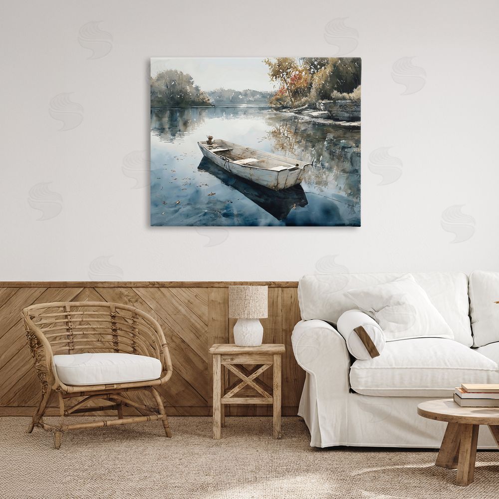 Franklyn Gregory Boat Ride Through Autumn Reflections Stretched Canvas Wall Art Print in Room