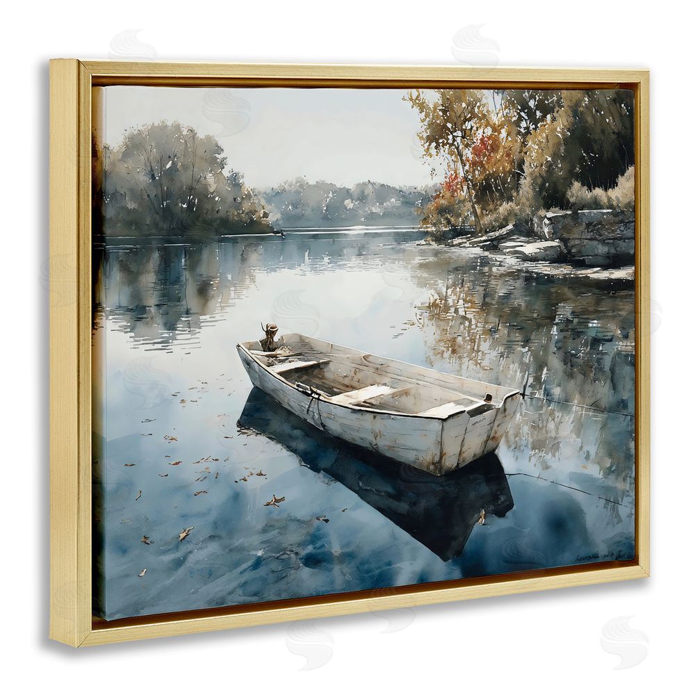 Franklyn Gregory Boat Ride Through Autumn Reflections Gold Floating Frame Stretched Canvas Wall Art Print