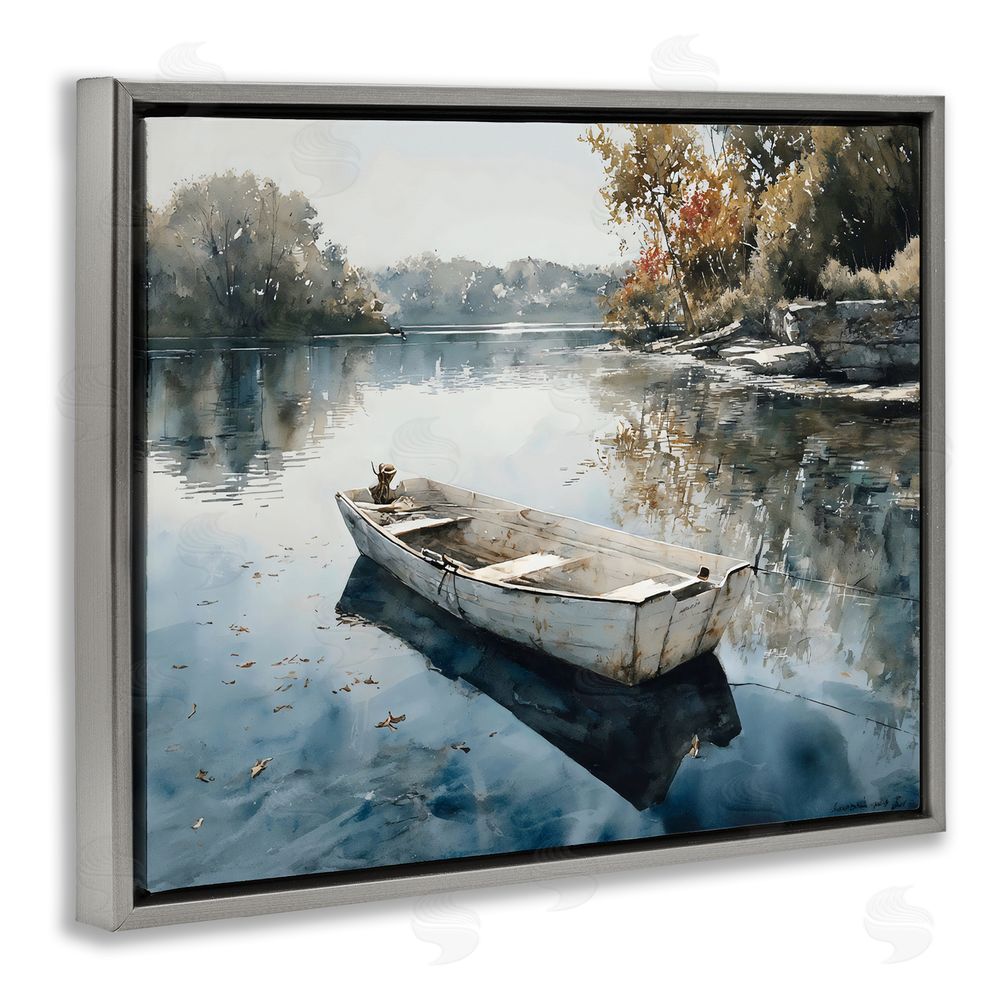 Franklyn Gregory Boat Ride Through Autumn Reflections Gray Floating Frame Stretched Canvas Wall Art Print