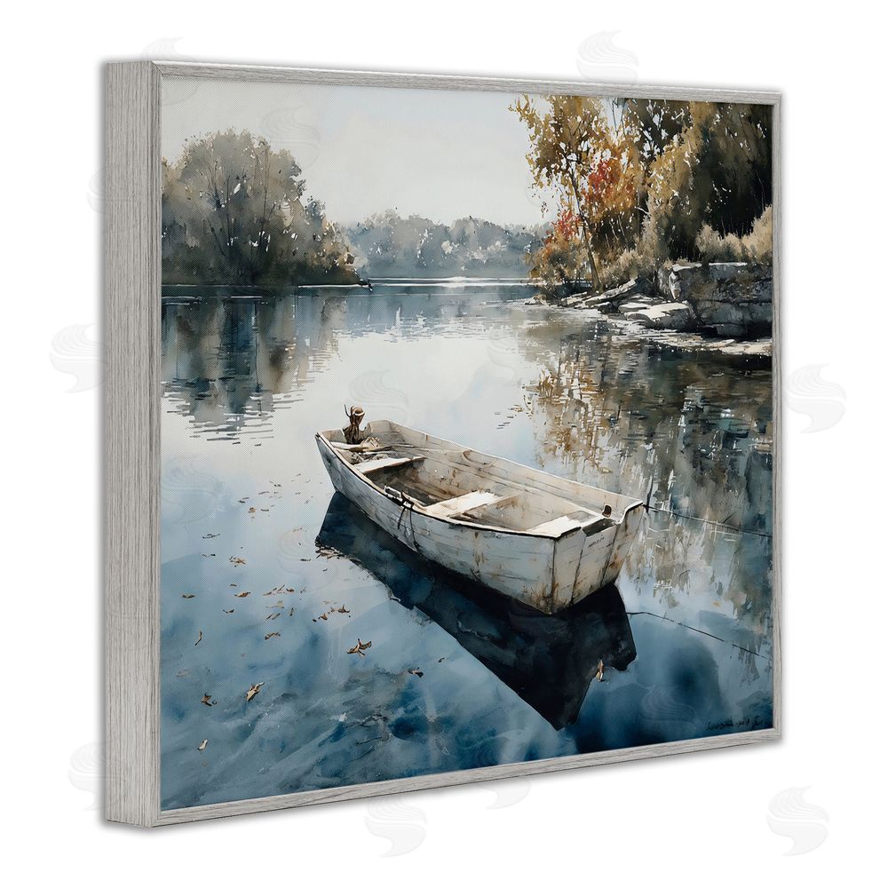 Franklyn Gregory Boat Ride Through Autumn Reflections Gray Framed Giclee Wall Art Print