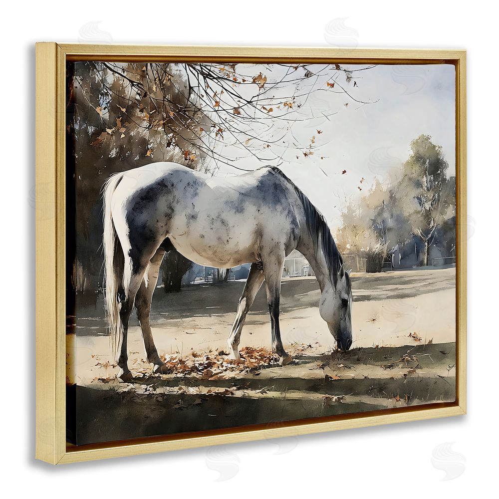 Franklyn Gregory Grey & White Mare Grazing Gold Floating Framed Canvas Wall Art
