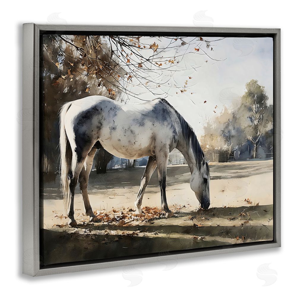 Franklyn Gregory Grey & White Mare Grazing Gray Floating Framed Canvas Wall Art