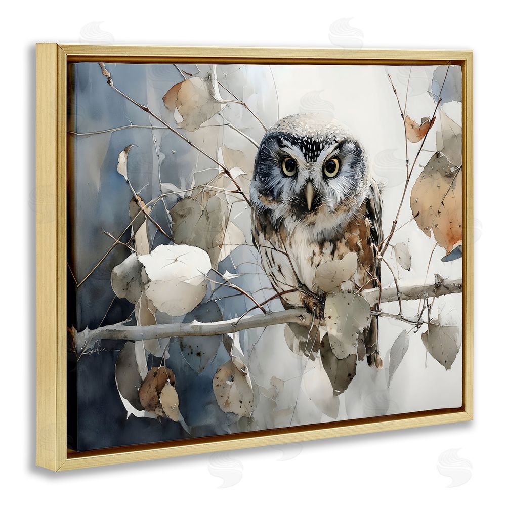 Franklyn Gregory Hoot Owl on Autumn Branch Gold Floating Framed Canvas Wall Art