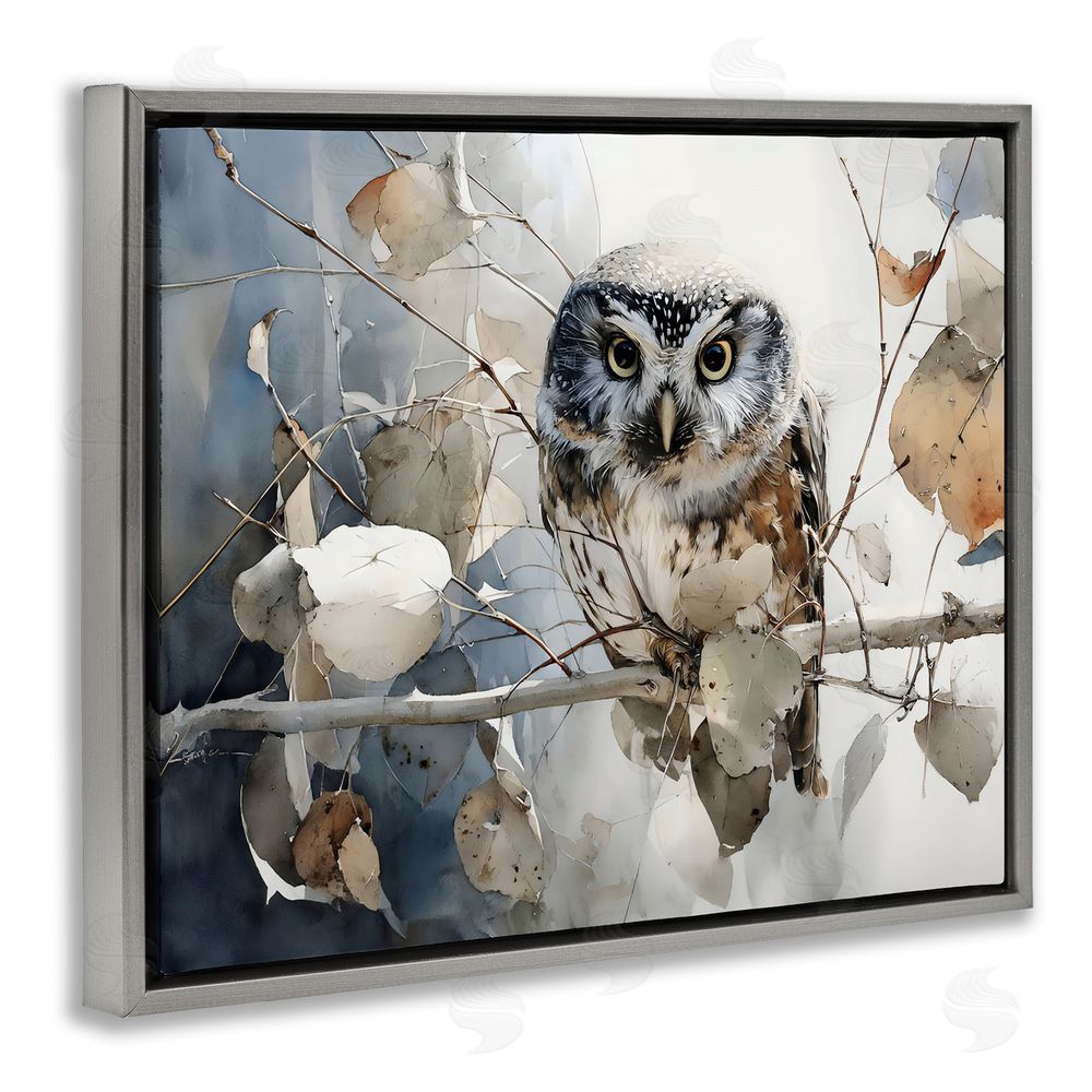 Franklyn Gregory Hoot Owl on Autumn Branch Gray Floating Framed Canvas Wall Art