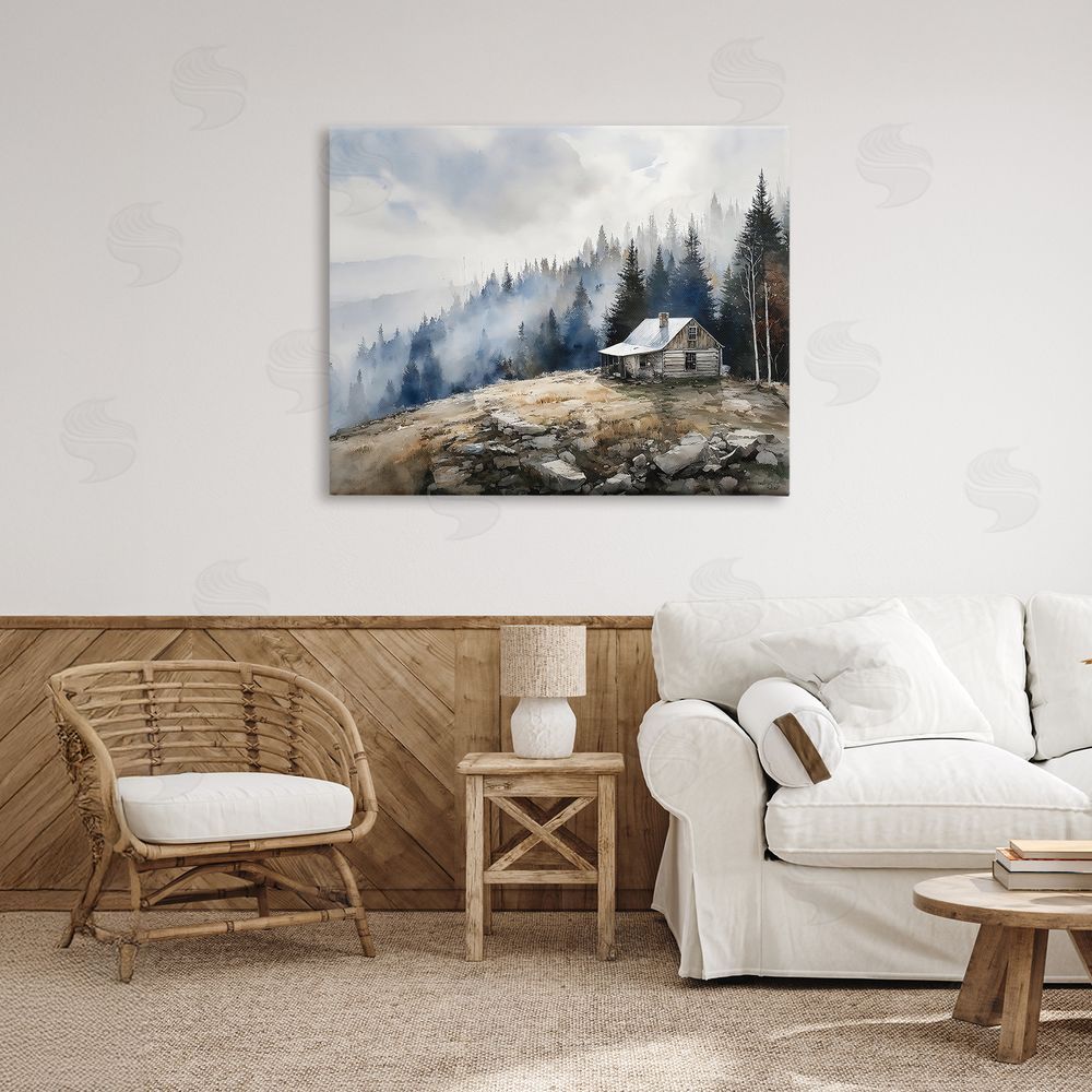 Franklyn Gregory Misty Cabin on Ridge Stretched Canvas Wall Art in Room