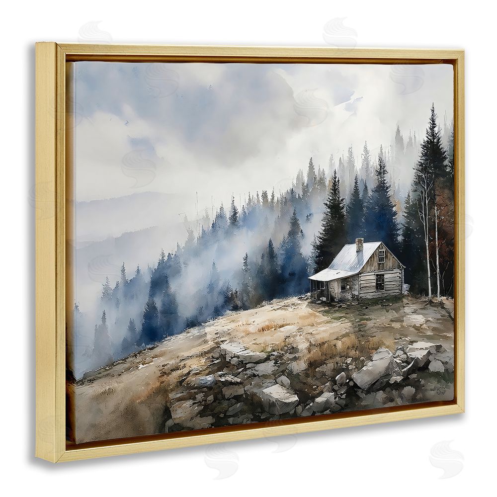 Franklyn Gregory Misty Cabin on Ridge Gold Floating Framed Canvas Wall Art