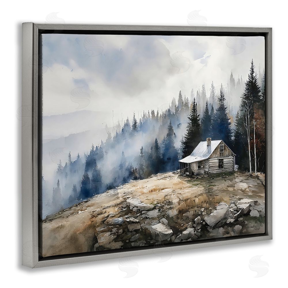 Franklyn Gregory Misty Cabin on Ridge Gray Floating Framed Canvas Wall Art